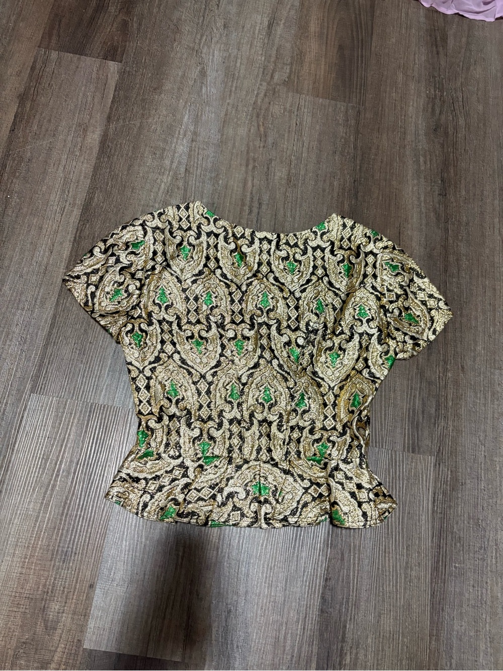 Vintage Short Sleeve Peplum Top - Green, Gold & Black - Picture 5 of 6